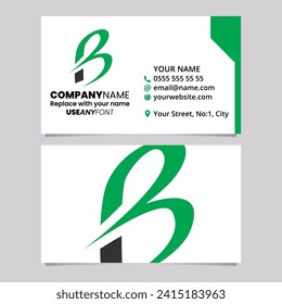 Green and Black Business Card Template with Slim Pointy Letter B Logo Icon Over a Light Grey Background