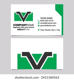 Green and Black Business Card Template with Rectangle Shaped Letter V Logo Icon Over a Light Grey Background