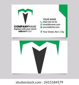 Green and Black Business Card Template with Pointy Tipped Letter T Logo Icon Over a Light Grey Background