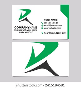 Green and Black Business Card Template with Pointy Tipped Letter R Logo Icon Over a Light Grey Background