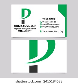 Green and Black Business Card Template with Pointy Tipped Letter P Logo Icon Over a Light Grey Background