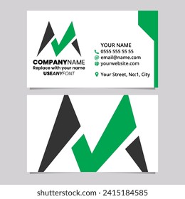 Green and Black Business Card Template with Pointy Tipped Letter M Logo Icon Over a Light Grey Background