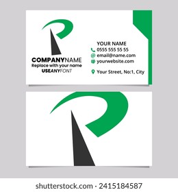 Green and Black Business Card Template with Pointy Tipped Letter P Logo Icon Over a Light Grey Background