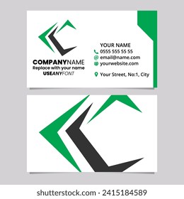 Green and Black Business Card Template with Pointy Tipped Letter C Logo Icon Over a Light Grey Background