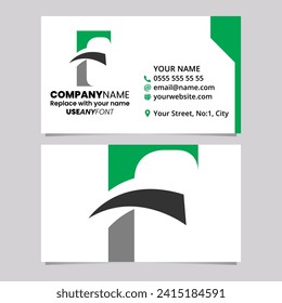 Green and Black Business Card Template with Pointy Tipped Letter F Logo Icon Over a Light Grey Background
