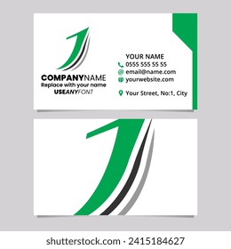 Green and Black Business Card Template with Layered Letter J Logo Icon Over a Light Grey Background