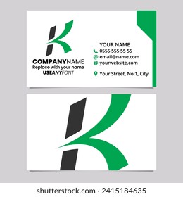 Green and Black Business Card Template with Italic Arrow Shaped Letter K Logo Icon Over a Light Grey Background