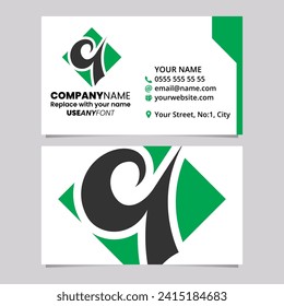 Green and Black Business Card Template with Diamond Shaped Letter Q Logo Icon Over a Light Grey Background