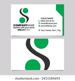 Green and Black Business Card Template with Curvy Sphere Shaped Letter S Logo Icon Over a Light Grey Background