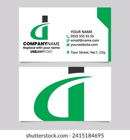 Green and Black Business Card Template with Curvy Pointed Letter D Logo Icon Over a Light Grey Background