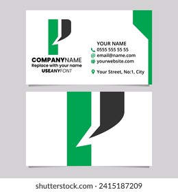 Green and Black Business Card Template with Bold Rectangle Shaped Letter P Logo Icon Over a Light Grey Background