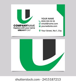 Green and Black Business Card Template with Bold Curvy Shaped Letter U Logo Icon Over a Light Grey Background