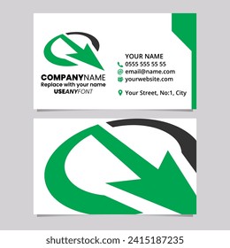 Green and Black Business Card Template with Arrow Shaped Letter Q Logo Icon Over a Light Grey Background