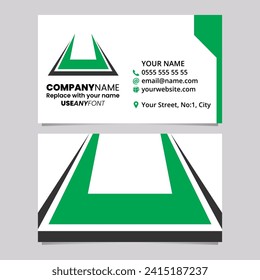 Green and Black Business Card Template with Bold Spiky Shaped Letter U Logo Icon Over a Light Grey Background
