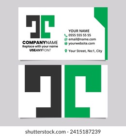 Green and Black Business Card Template with Bold Split Shaped Letter T Logo Icon Over a Light Grey Background