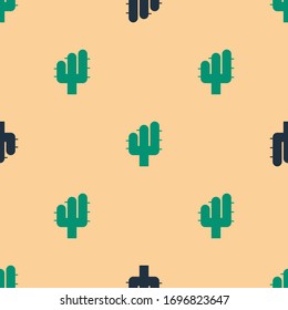 Green and black Cactus icon isolated seamless pattern on beige background.  Vector Illustration