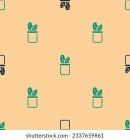 Green and black Cactus peyote in pot icon isolated seamless pattern on beige background. Plant growing in a pot. Potted plant sign.  Vector