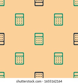 Green and black Calculator icon isolated seamless pattern on beige background. Accounting symbol. Business calculations mathematics education and finance.  Vector Illustration