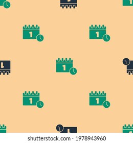 Green and black Calendar with first september date icon isolated seamless pattern on beige background. September 1. Date and time, day, month. Holiday.  Vector
