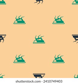 Green and black Campfire icon isolated seamless pattern on beige background. Burning bonfire with wood.  Vector