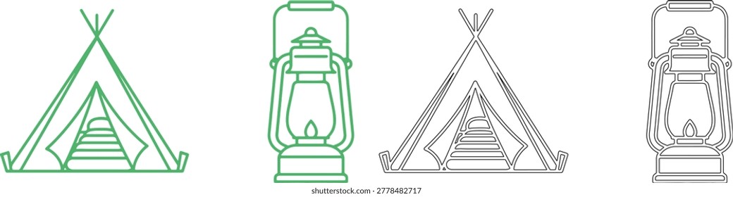 Green and black camping tent and lantern teepee wigwam