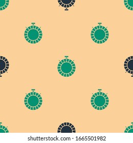 Green and black Canteen water bottle icon isolated seamless pattern on beige background. Tourist flask icon. Jar of water use in the campaign.  Vector Illustration