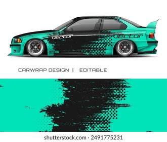 Green and black car wrap design with a dotted pattern suitable for vehicle branding projects with a modern and sleek aesthetic.