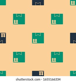 Green and black Cardboard box with traffic symbol icon isolated seamless pattern on beige background. Box, package, parcel. Delivery, transportation and shipping.  Vector Illustration