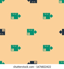 Green and black Cardboard box with traffic symbol icon isolated seamless pattern on beige background. Box, package, parcel. Delivery, transportation and shipping.  Vector Illustration
