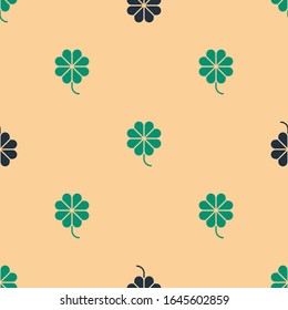 Green and black Casino slot machine with clover symbol icon isolated seamless pattern on beige background. Gambling games.  Vector Illustration