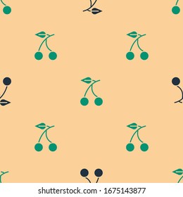 Green and black Casino slot machine with cherry symbol icon isolated seamless pattern on beige background. Gambling games.  Vector Illustration