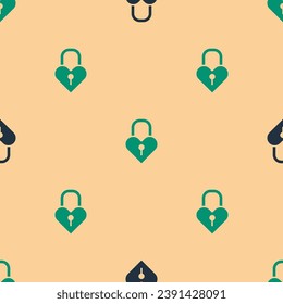 Green and black Castle in the shape of a heart icon isolated seamless pattern on beige background. Love symbol and keyhole sign. 8 March. Happy Women Day.  Vector