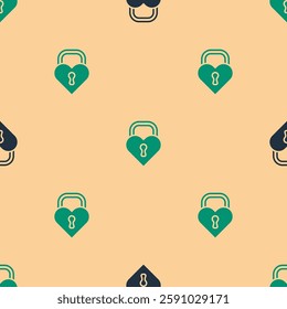 Green and black Castle in the shape of a heart icon isolated seamless pattern on beige background. Locked Heart. Love symbol and keyhole sign. Happy Valentines day.  Vector