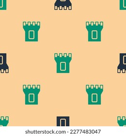 Green and black Castle tower icon isolated seamless pattern on beige background. Fortress sign.  Vector