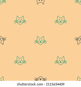 Green and black Cat icon isolated seamless pattern on beige background.  Vector