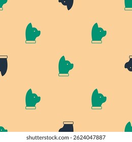 Green and black Cat icon isolated seamless pattern on beige background.  Vector