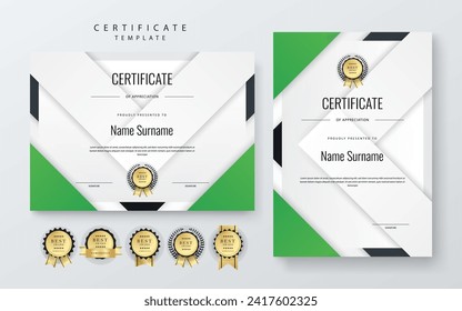 Plantilla de borde de certificado de apreciación verde y negro con distintivo de lujo y líneas y formas modernas