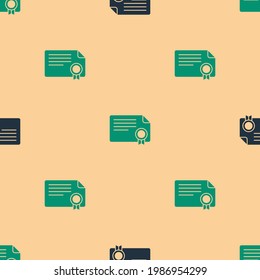 Green and black Certificate template icon isolated seamless pattern on beige background. Achievement, award, degree, grant, diploma concepts.  Vector
