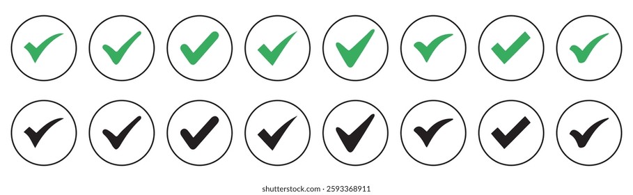 Green and black check mark icon. Check mark vector icon. Checkmark Illustration. Vector symbols set  checkmark isolated on white background. Correct vote choise isolated symbol.