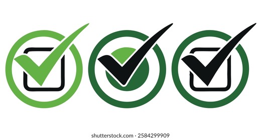 Green and Black Check Mark Symbols Tick Approved Correct Checklist Icons Set Isolated on White Background