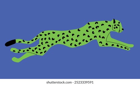  a green and black cheetah in mid-leap set against a striking blue background, capturing the essence of speed and agility.