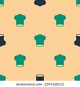 Green and black Chef hat icon isolated seamless pattern on beige background. Cooking symbol. Cooks hat.  Vector