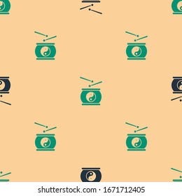 Green and black Chinese drum icon isolated seamless pattern on beige background. Traditional asian percussion instrument Taiko or O-Daiko drum.  Vector Illustration