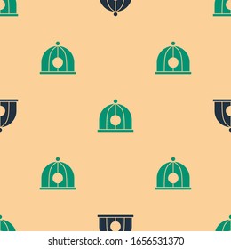 Green and black Chinese hat icon isolated seamless pattern on beige background.  Vector Illustration