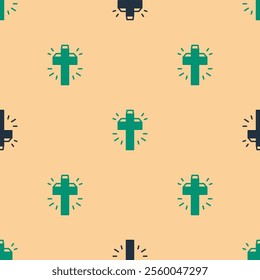 Green and black Christian cross icon isolated seamless pattern on beige background. Church cross.  Vector