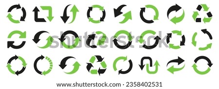 Green and black circular arrow icon collection. Upload, recycling, reusing arrow logo. Arrow icon for ecology, recycle