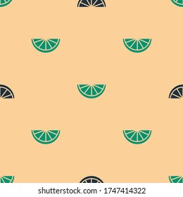 Green and black Citrus fruit icon isolated seamless pattern on beige background. Orange in a cut. Healthy lifestyle.  Vector Illustration