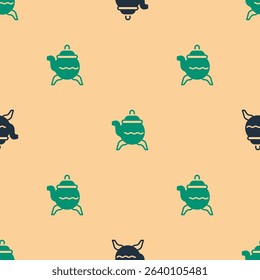 Green and black Classic teapot icon isolated seamless pattern on beige background.  Vector