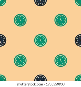 Das Symbol der grünen und schwarzen Uhr isolierte nahtlose Muster auf beigem Hintergrund. Zeitsymbol  Vector Illustration