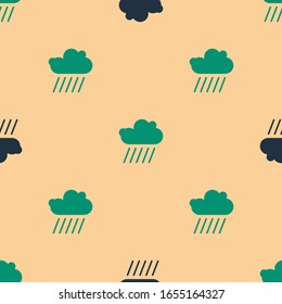 Green and black Cloud with rain icon isolated seamless pattern on beige background. Rain cloud precipitation with rain drops.  Vector Illustration